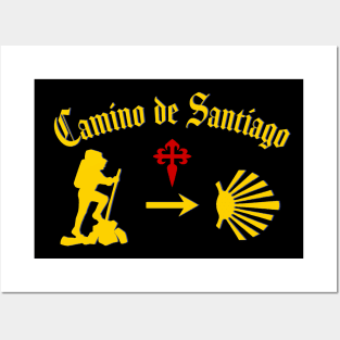 Camino de Santiago de Compostela male pilgrim with Yellow Arrow Scallop Shell Red Cross Posters and Art